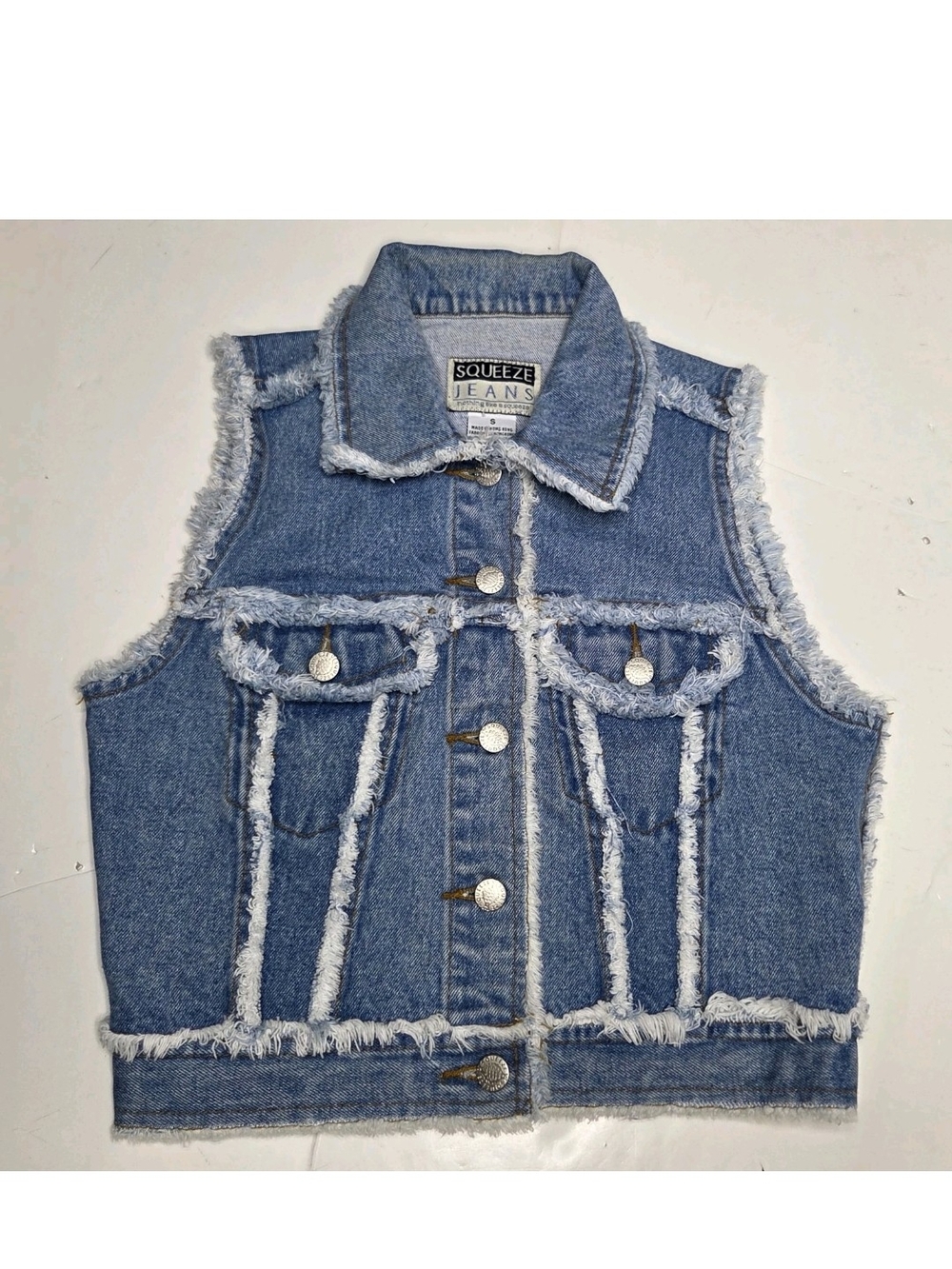 Vintage Squeeze Jeans Denim Cropped Vest S Frayed Y2k 90s Grunge Western Cowgirl
